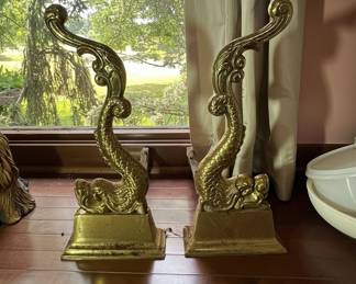 Pair of Brass Dolphin Fireplace Andirons