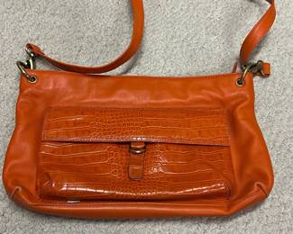 Sondra Roberts Orange Leather Shoulder Bag with Crocodile Embossed Flap