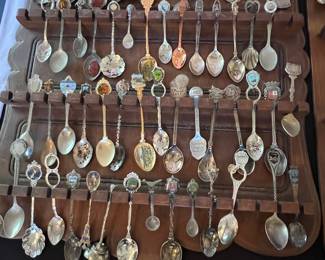 Collection of Souvenir Spoons with Display Rack