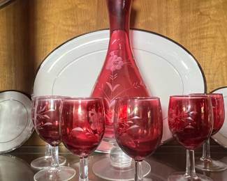 Bohemian Cranberry Etched Glass Decanter and Cordial Glasses Set