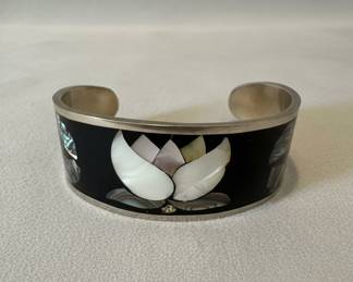 Mother of Pearl Inlay Lotus Flower Cuff Bracelet
