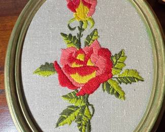 Embroidered Rose Oval Wall Art