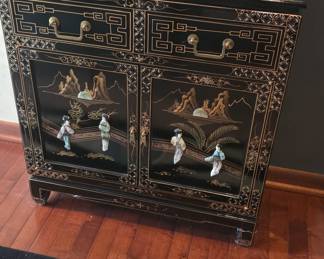 Black Lacquer Cabinet with Mother-of-Pearl Inlay and Figural Scenes