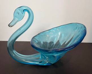 Murano Style Blue Glass Swan Ashtray or Candy Dish