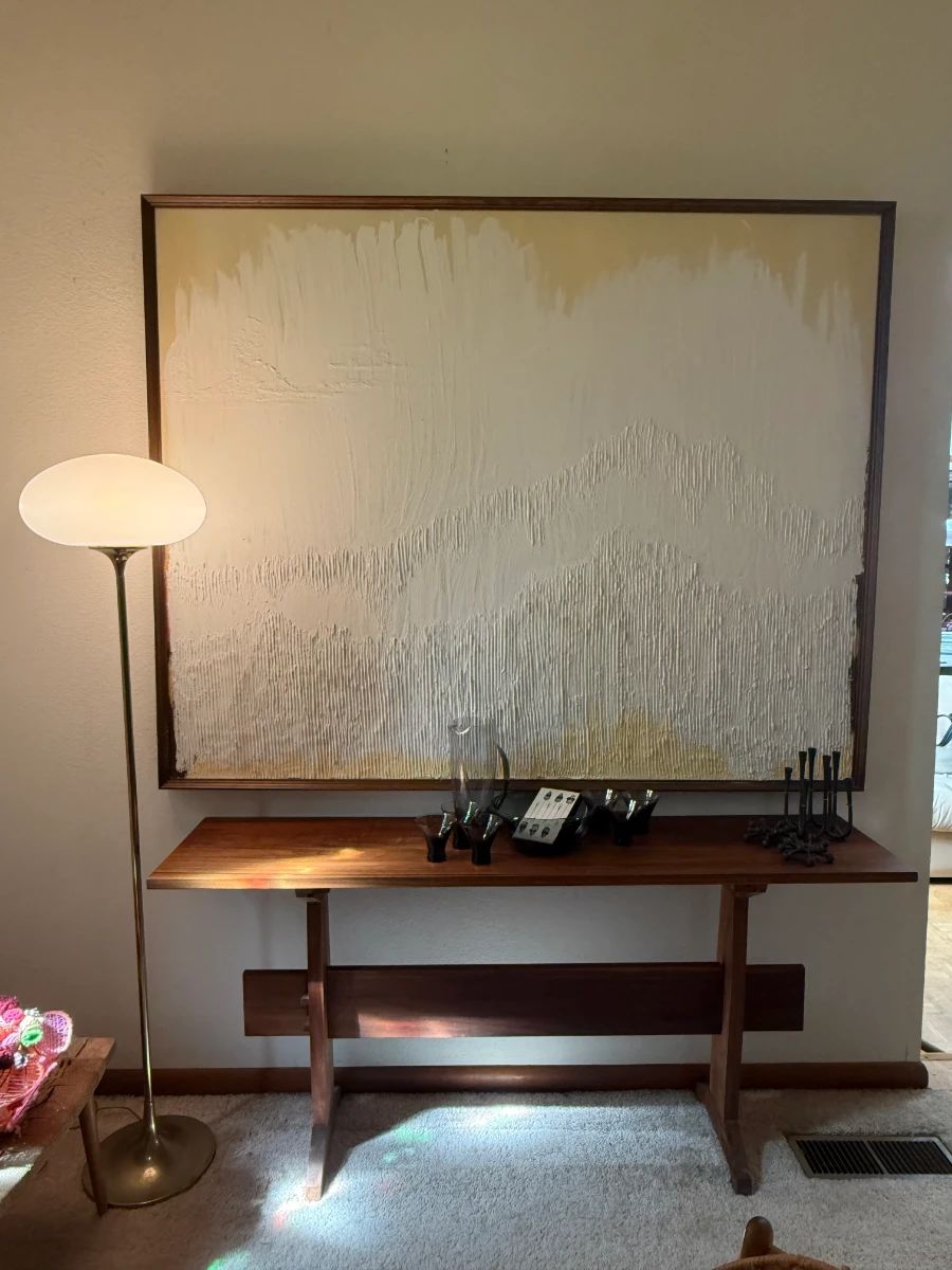 Handmade Jointed Wood Table, Mid-Century Painting, Vintage Laurel Mushroom Lamp