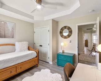 nightstand, mirror, lamp