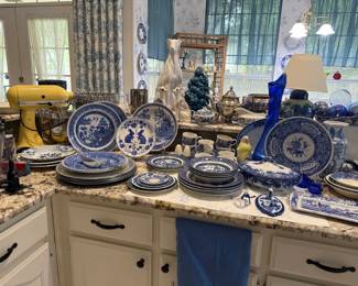 Blue Flow, Churchill Blue Willow, Spode, Various Antique Flow Blue Pieces