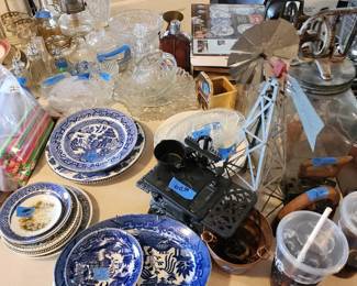 Blue willow, crystal dishes