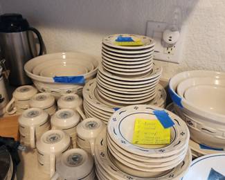 Longaberger classic blue pottery dishes, mixing bowls, pie plates
