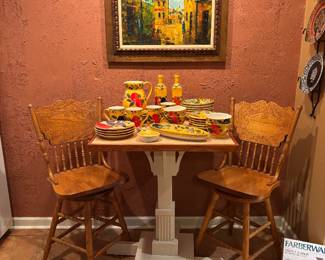 Pair Press Back Chairs / Swivel Stool | Wooden Pedestal Table