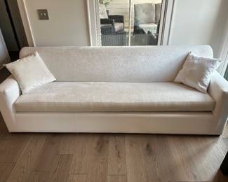 Pair of custom sofas made in Costa Rica with white leather and velvet seats and backs. 93” x 32”
