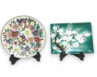 Two Cloisonne Floral Display Plates w Wood Holders