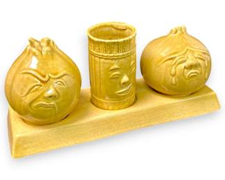 Yellow Anthropomorphic Onion Salt  Pepper Shakers and Toothpick Holder