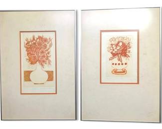 Pair Of Kenji Ushiku Orange Flower Signed  Numbered Japanese Prints