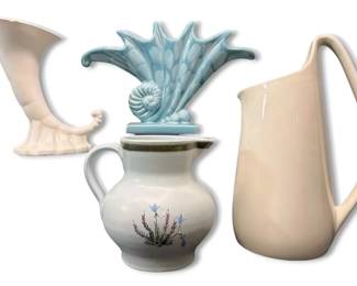 Roseville Pottery Cornucopia, Royal Haeger Blue Seashell Vase,  Scottish Buchan Portobello Pitcher