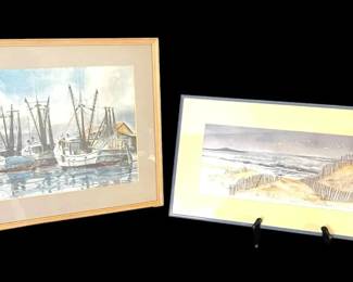 Two Watercolor Prints Of Harbor And Beach
