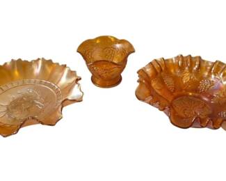 Fenton Marigold Carnival Glass Grape Bowl, Dugan Windflower Bowl,  Imperial Glass Grape Dish