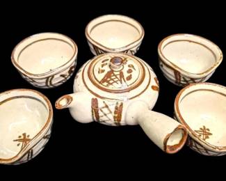 Japanese White  Brown Pottery Tea Set