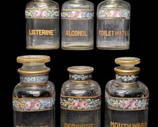 Six Enameled Glass Apothecary Bottles