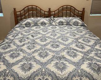 KING OAK BED FRAME, KING BOX SPRING AND MATTRESS, KING LINENS