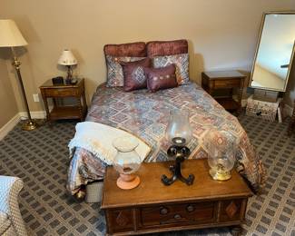 QUEEN BOX SPRING AND MATTRESS (NO FRAME), QUEEN LINENS, VINTAGE CEDAR CHEST, FLOOR LAMP, NIGHTSTANDS, QUEEN LINENS, MIRROR, DECOR