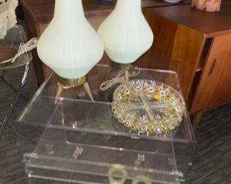 Lucite cart, 1970's lamps 