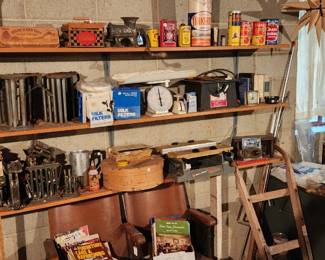 Antique hand truck, Moravian star, vintage toys, large metal shop desk, books