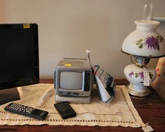 Small tv and tiny analog tv, electric milk glass lamp, ironing board