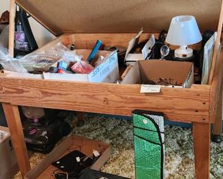 Drafting table, compass, toolbox, camping lantern,drills, flashlights, phones, Bissell vacuum, tools