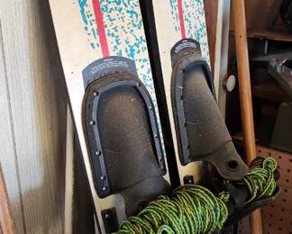 Water skis  tow ropes and paddles