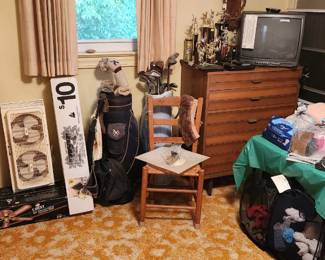 MCM bedroom suite, golf bags with clubs,  trophies   electric fans  Christmas tree , straight back chair, tv ideal for gamers, NIB ceiling fan, suspenders 