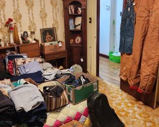 Mens hats, Carrhart coveralls, kids overalls, corner cupboard, artwork, bric a brac, mens clothes, blanket throws