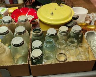 Antique blue canning jars, patent dates 1858  with zinc lids very rare! Mom's canning jars, steak plates, pressure canner, milk glass, red glass bowl