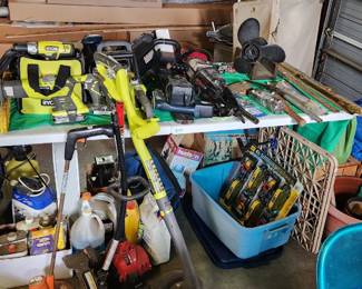 Ryobi 18 volt One + combo kits with 2 chargers and batteries, edger, string trimmer, new ratchet straps, electric sander, yard sprays, chemicals, reciprocating saw, chainsaw, axe head, splitting wedges, yard tools, boat propeller  garden stuff, large auger bit, vintage picture frame, casting nets, 