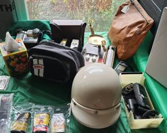 Vintage Bell helmet, Bell bike helmets, Vintage rare tire repair kits,  Vintage Garmin GPS, binoculars, camera and case, 