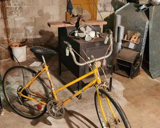 Bike rack, 10 speed bike, woodstove, hvac sheet metal and duct work