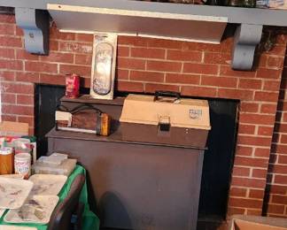 Oil lamps  collectible soda bottles, lava lamp, Galileo weather glass, tackle box, fish thermometer 