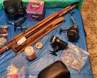  Vintage rareArmax split bamboo fly rod, fish finder, plastic crank baits, vintage  south bend reels, line 