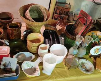 Milk glass, clay pots, MCM decorative ware, brown drip pitcher, PYREX refrigerator dishes, majolica pot, plant baskets