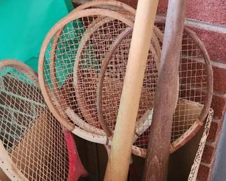 Vintage badminton racquets, vintage baseball bats