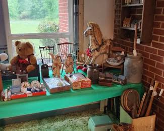 Old Salem collectibles from Moravian book store  vintage Halloween costumes  miniature chairs, hanging shelf  doll dishes, American Girl books