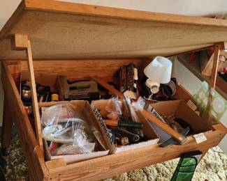 Drafting table, Bissell vacuum,  misc tools and hardware, drafting tools, camping lantern