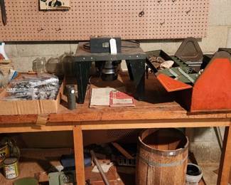 Tool box  hardware  misc tools, nail keg, router with table and box of bits and manual 