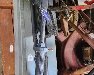 Gamefisher outboard motor ,blue wooden shelf cabinet,  pine chest, vintage tiller