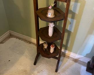 3-tier English oak display stand, often referred to as a "whatnot" or cake stand
