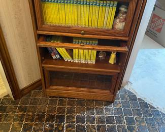 Small narrow late 20th Century Vintage 3 tier Tiger Oak Wood Barrister Style Bookcase