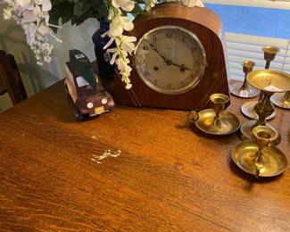 Vintage Mantle Clock & Brass Candle Holders