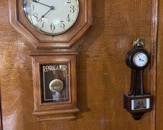 Dunhaven Regulator quartz wall clock featuring a Westminster chime and an oak case  & vintage clock company wooden banjo wall clock