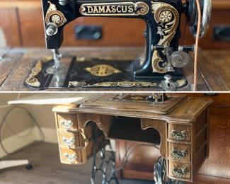 Antique Damascus treadle sewing machine and cabinet