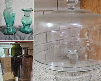 Vintage cake stand w/ flower etching - colored vessels  